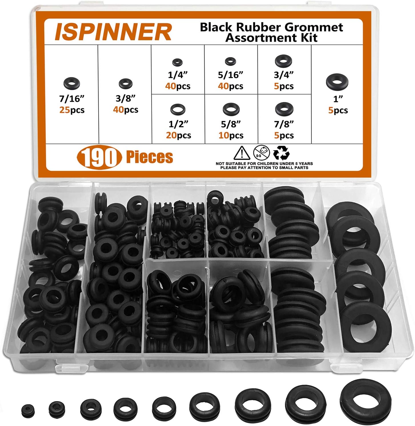ISPINNER 190pcs Rubber Grommet Assortment Kit, 9 Sizes Eyelet Ring Gasket 1/4" 5/16" 3/8" 7/16" 1/2" 5/8" 3/4" 7/8" 1" (Black)