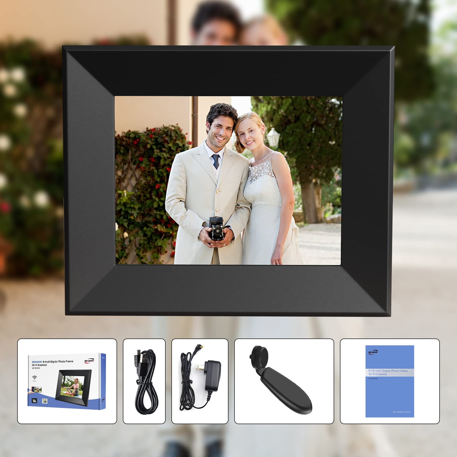 Marco Digital de 8 Pulgadas con WiFi, Smart Cloud, Marcos electrónicos de Madera, HD IPS, Pantalla táctil de 1280 x 800, 16 GB de Memoria, rotación automática, Compartir Fotos y vídeos con la
