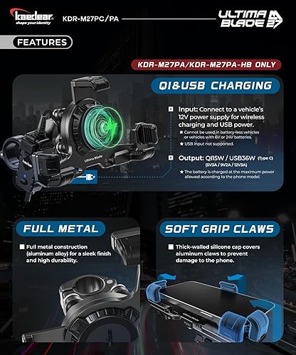Miniatura 5 de Kaedear Soporte de teléfono para motocicleta, carga inalámbrica Ql, aluminio, antivibraciones, carga USB, botón de liberación rápida, duradero,