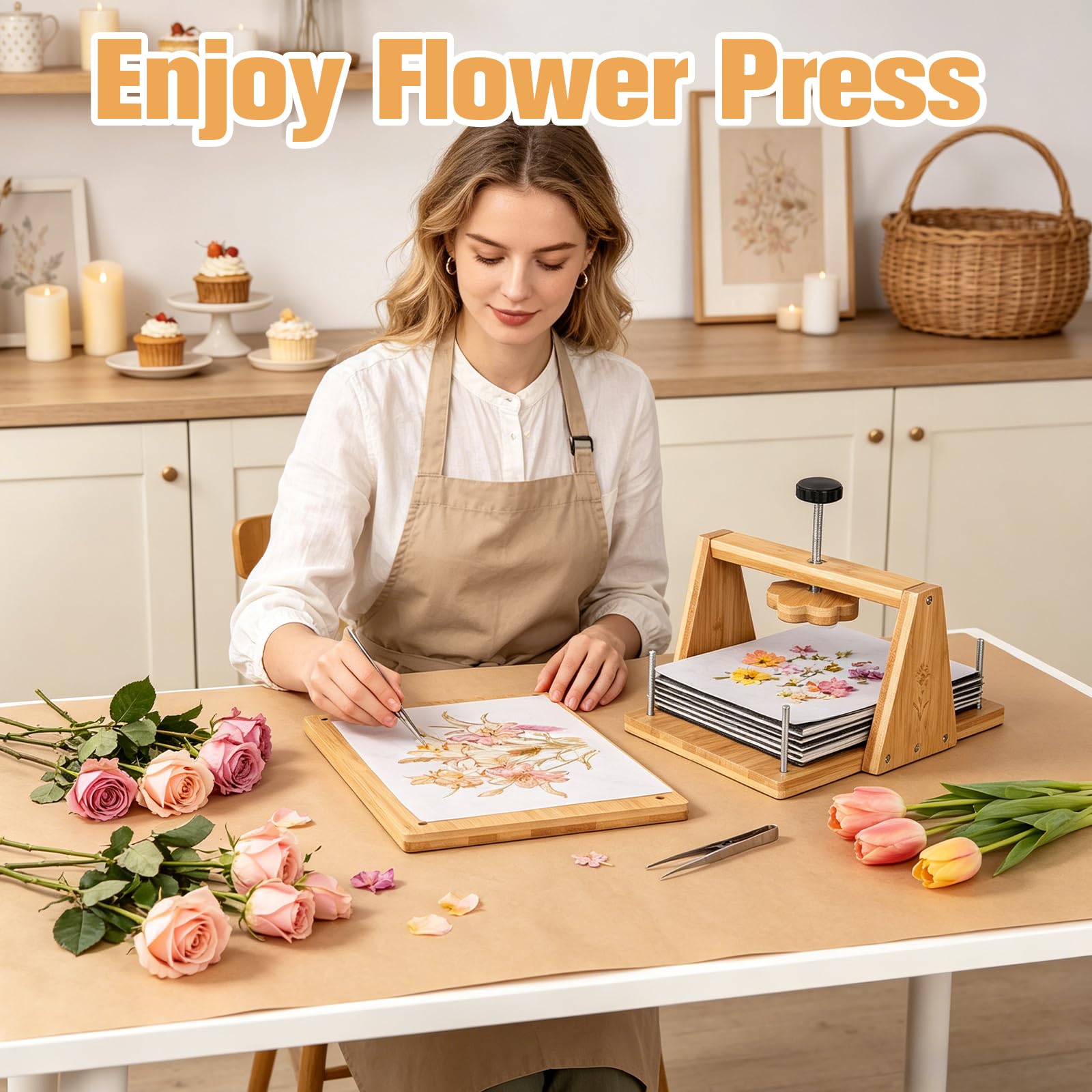 cenoz Blumenpresse-Kit Groß aus Holz für Erwachsene, 30×20cm Pflanzenpresse Set mit Trocknungsplatte, DIY Pressblumen Kit, Blütenpresse & Blumenpresse für Erwachsene, Floristen,Basteln und Dekorieren