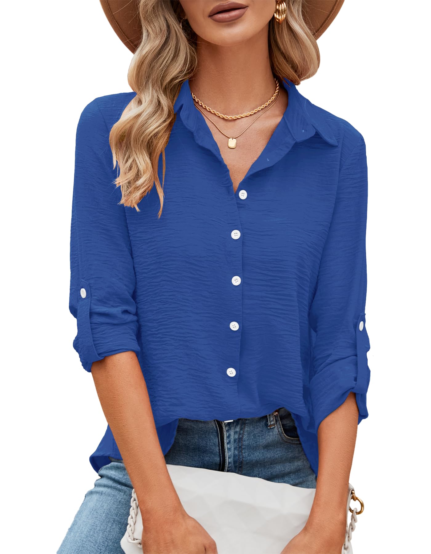 Odosalii Top Damen V-Ausschnitt Musselin Bluse Sommer Klassische Dreiviertel Ärmeln Blusenshirt Regular Fit Damenhemd Casual Elegant Oberteile Fashion Langarm Büro Kleidung(Sapphire Blue,Large)