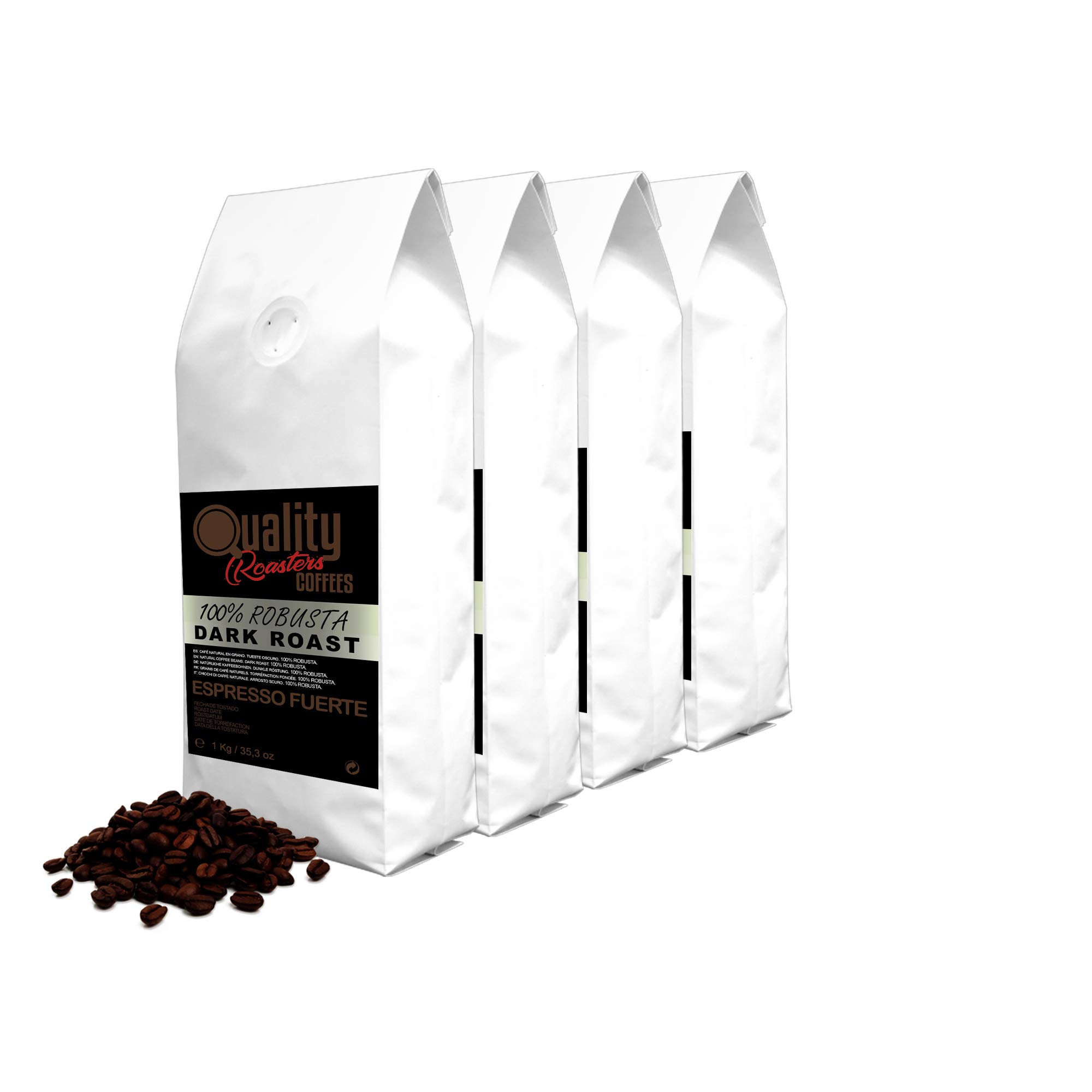 Café en grano natural "Espresso Fuerte". Dark Roast. 100% Robusta. Tostado artesanal. Tueste Oscuro. (4 Kg)