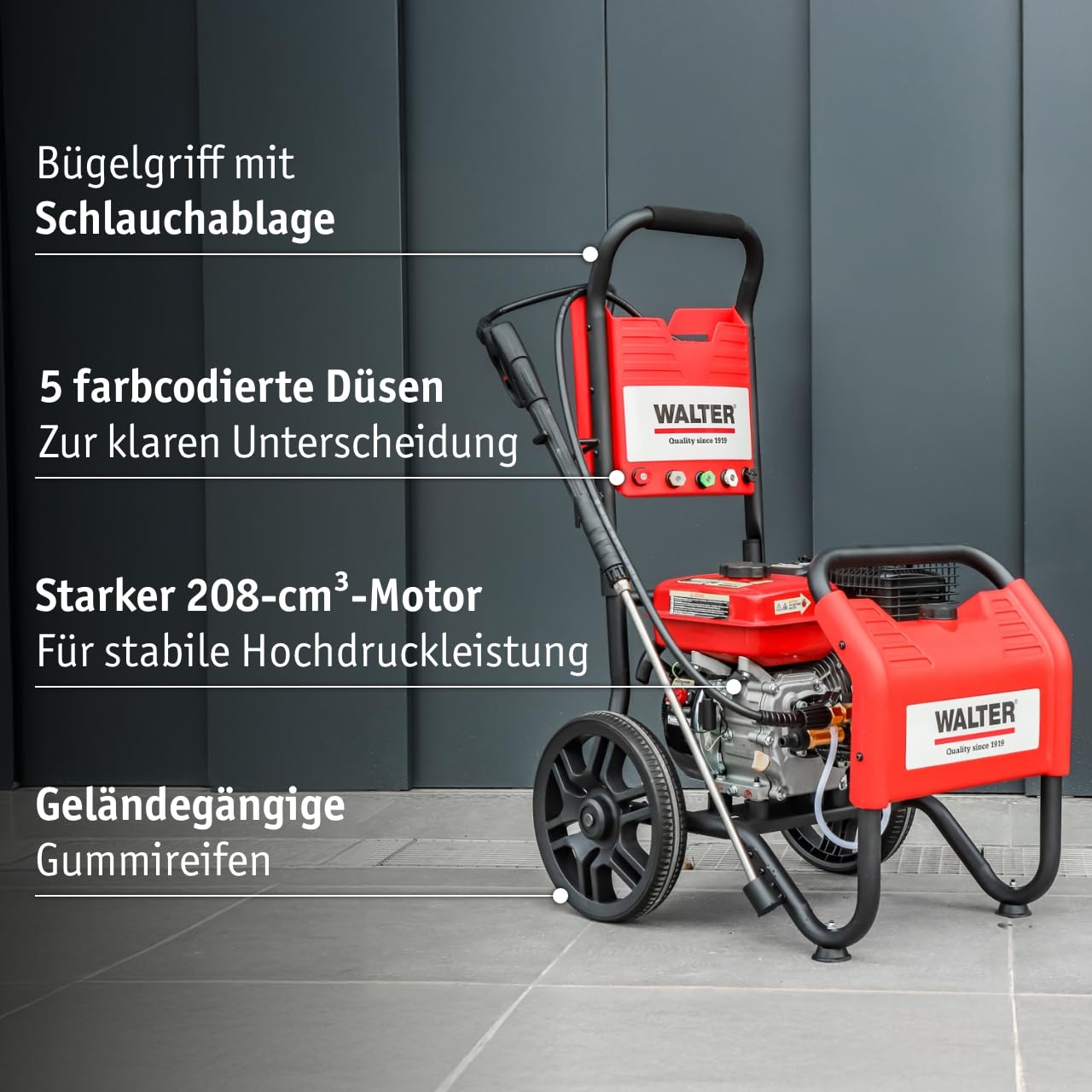 WALTER Benzin Hochdruckreiniger, Terrassenreinger, 250 bar, 7 PS Viertaktmotor, 208 CCM, inkl. Zubehör: 6m Hochdruckschlauch, 4m Ansaugschlauch, 5 Düsen, Vollgummiräder