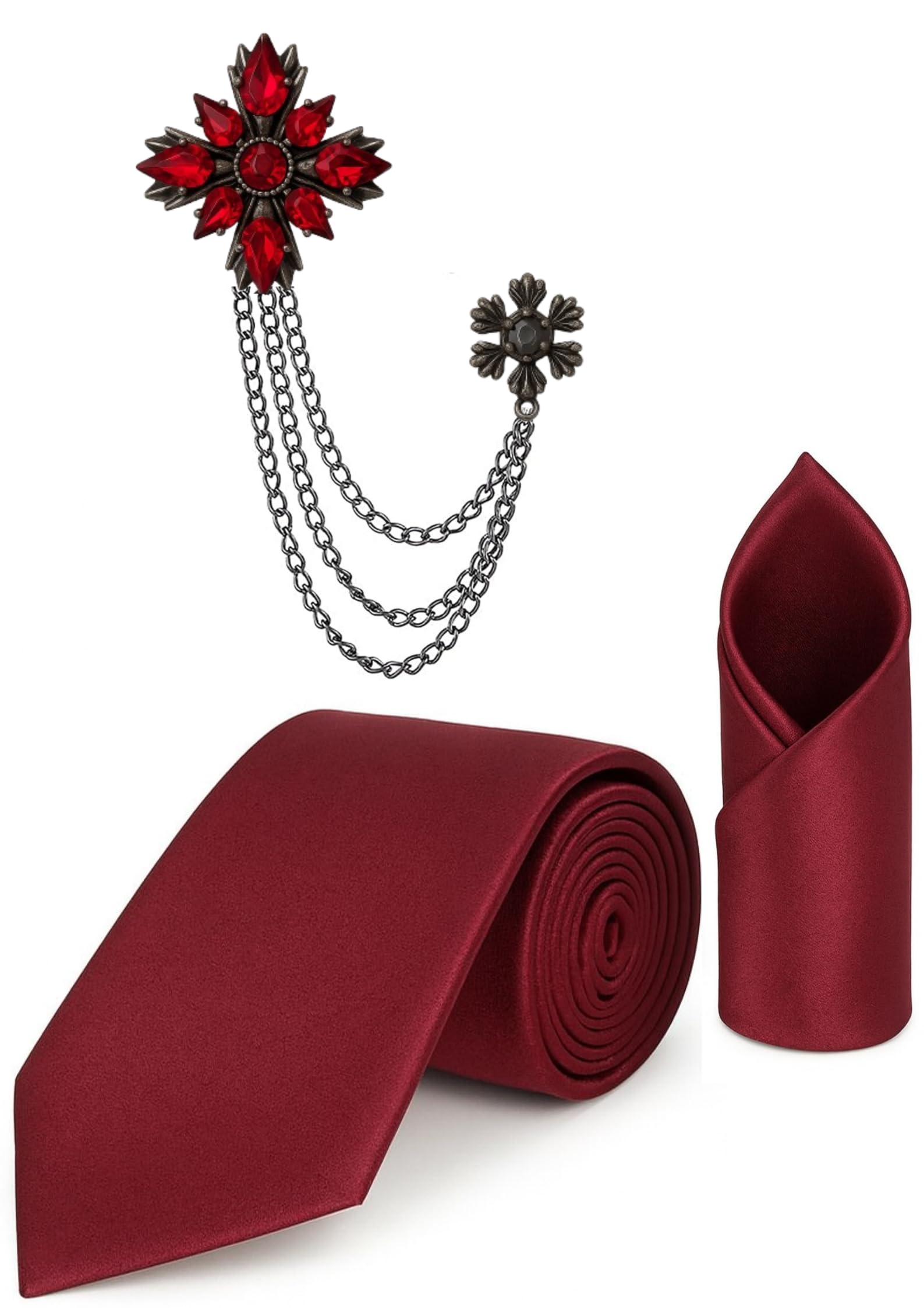 Necktie For Men Complete Combo Set – Stylish necktie, matching pocket square & premium brooch included Plain Silk Ties-image-26