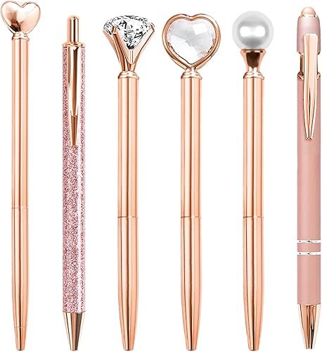 Bonitos bolígrafos para mujer, 6 bolígrafos de oro rosa, bolígrafo de metal a granel, punta media de 0.039 in, tinta negra, suministros de oficina y