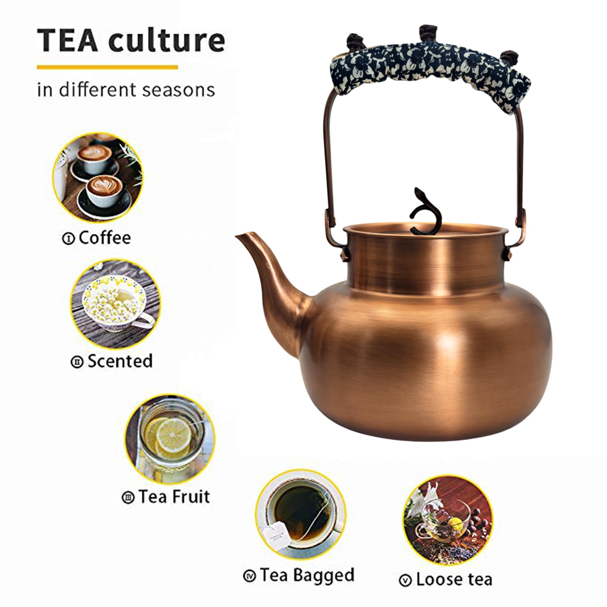 Bollitore per Il tè in Rame Puro per fornello, teiera in Stile Cinese Senza Rivestimento con Sfera per Il tè in Acciaio Inossidabile per tè Sfuso, teiera Solida (1600 ml)