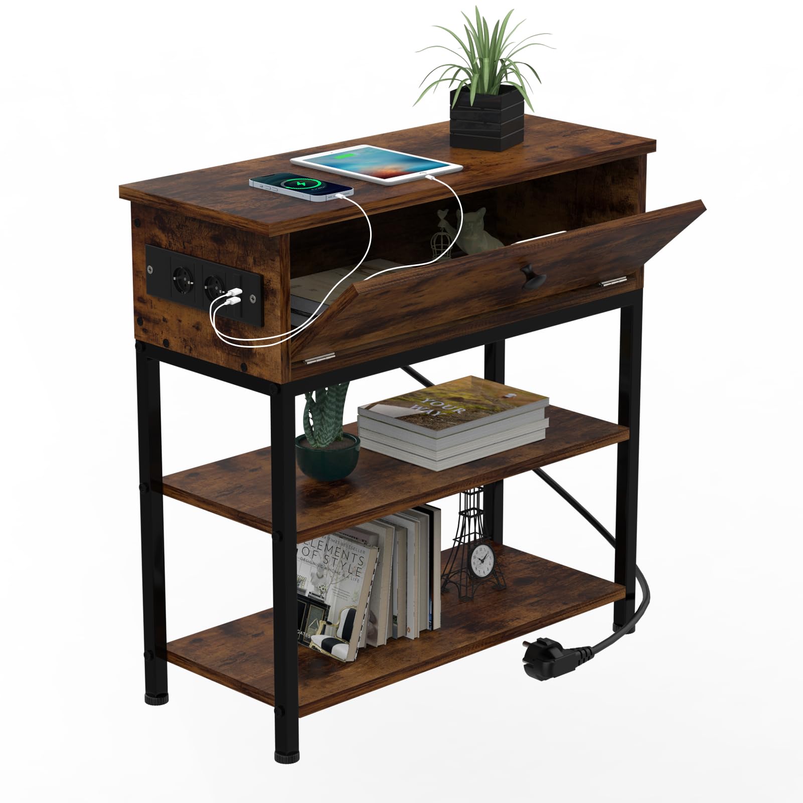 Mesita de Noche con Estación de Carga,Mesitas de Noche Dormitorio Moderna con Enchufe y Puertos USB, Mesilla de Noche para Salón,55 x 26 x 63 cm,Mesa de Noche Marrón Vinta