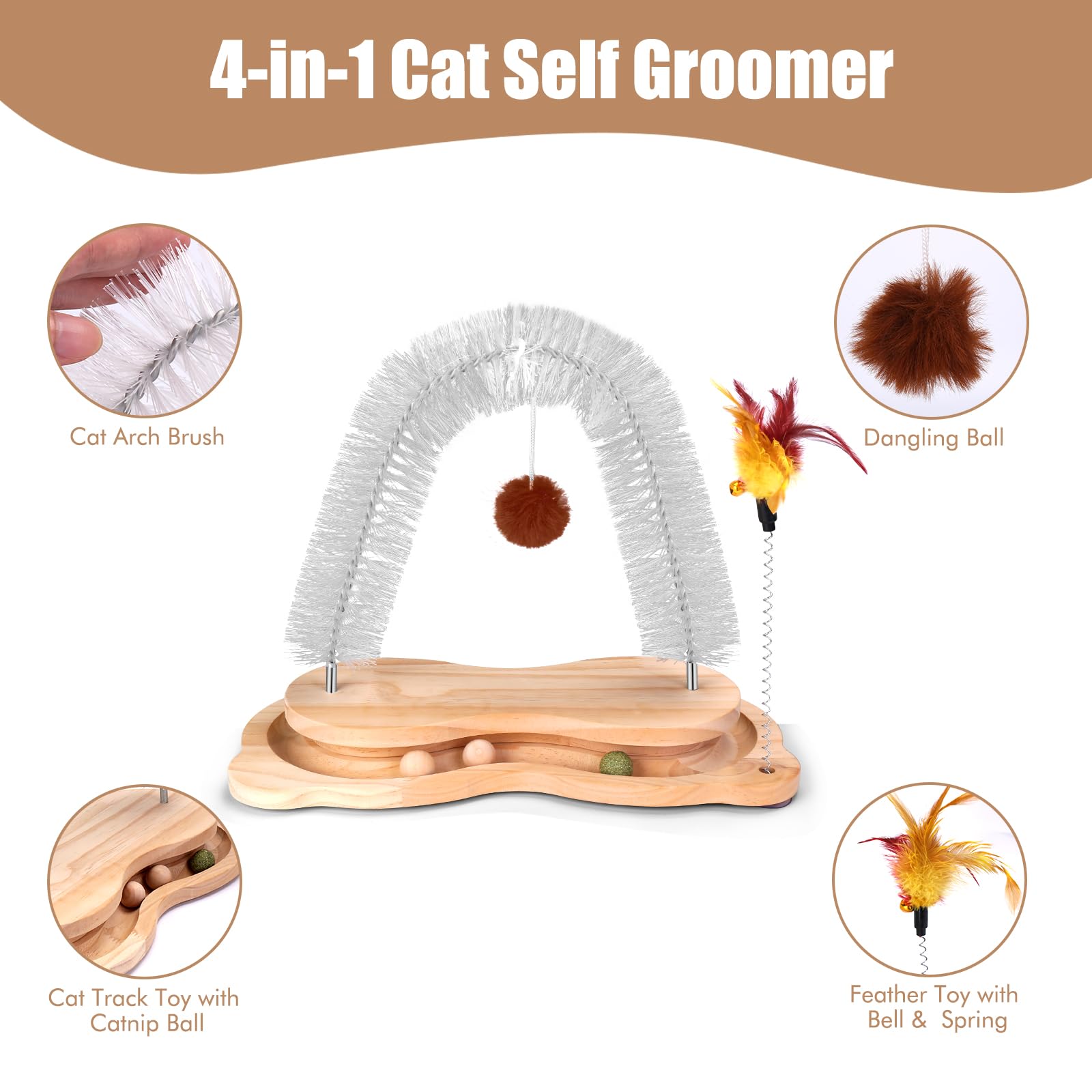 Rascador para gatos para interiores, poste para frotar cara y espalda, arco de aseo, cepillo masajeador para desprendimiento con gatito, juguete interactivo para perseguir caza, ejercicio físico