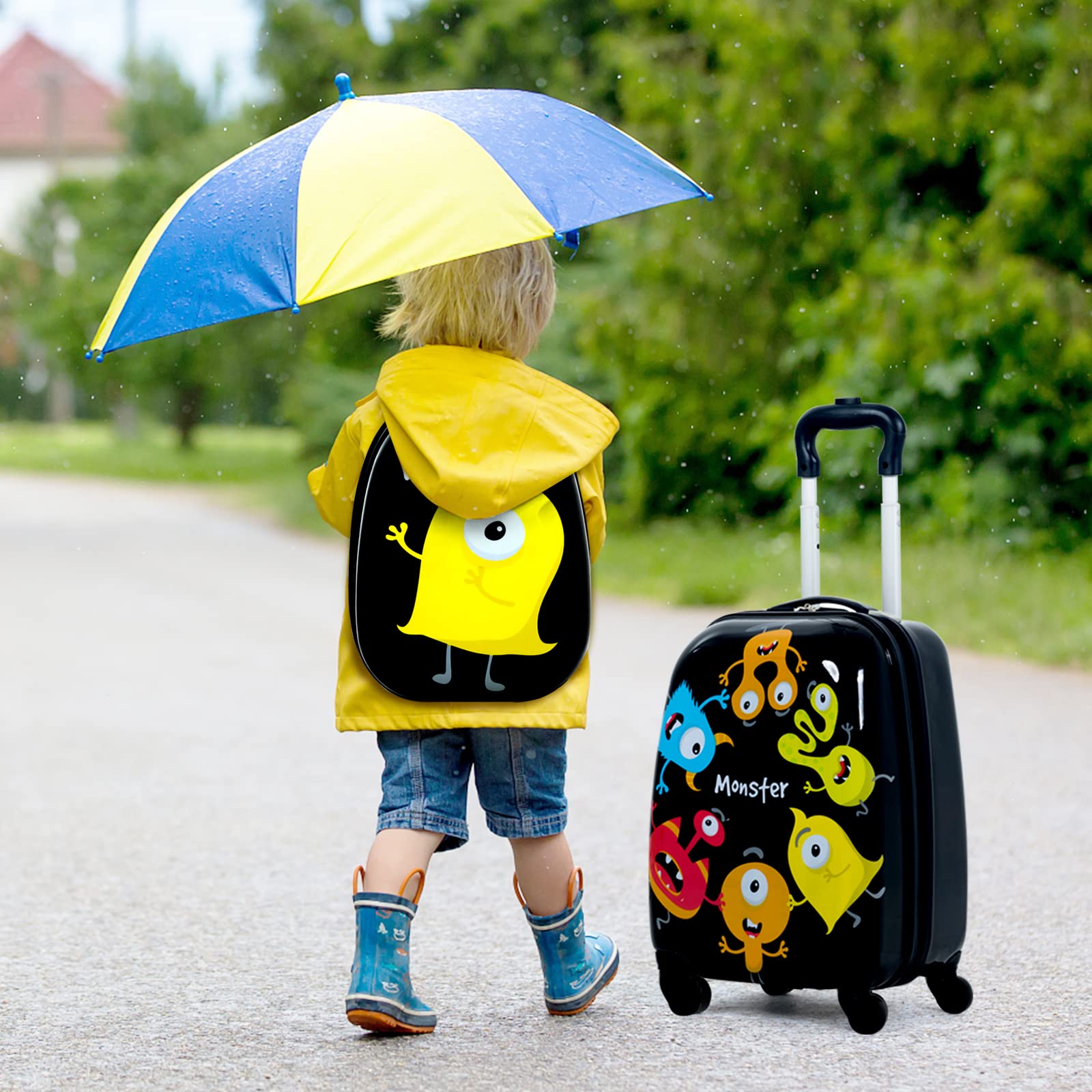 Goplus 2 szt. bagażu dla dzieci, 30 cm i 40 cm, zestaw z 4 kółkami obrotowymi, lekka walizka na kółkach, dla małych dzieci, chłopców i dziewcząt, podróż, Potwory, 2 szt. bagażu dla dzieci