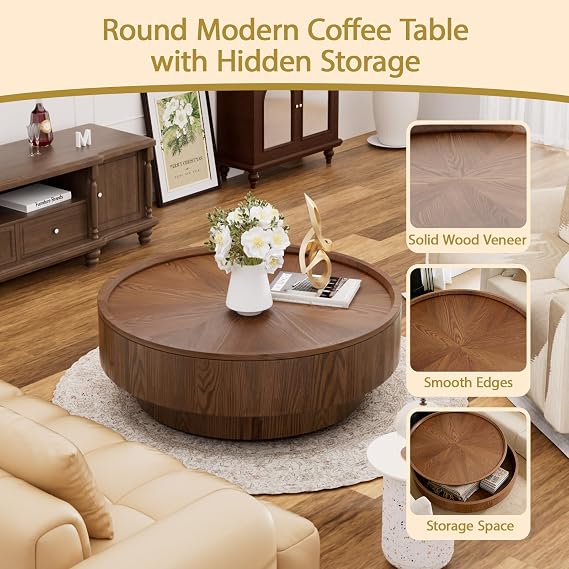 Modern Round Wooden Drum Coffee Table with Storage