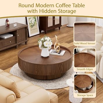 Modern Round Wooden Drum Coffee Table with Storage