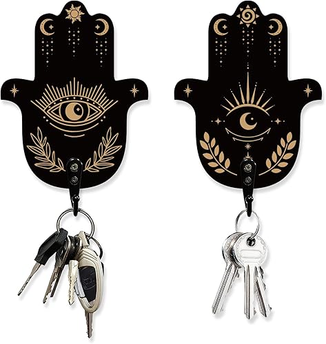 AHANDMAKER Juego de 2 soportes para llaves de mano Hamsa, ganchos de pared con texto de adivinación para decoración de llaves de pared, colgador de