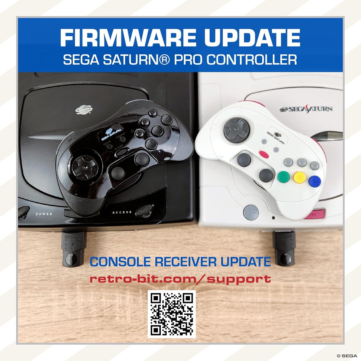 Retro-Bit SEGA Saturn® 2.4GHz Wireless Pro Controller for Sega Saturn, Sega Mega Drive Mini, Switch, PC, Mac - Includes 2 Receivers - Black