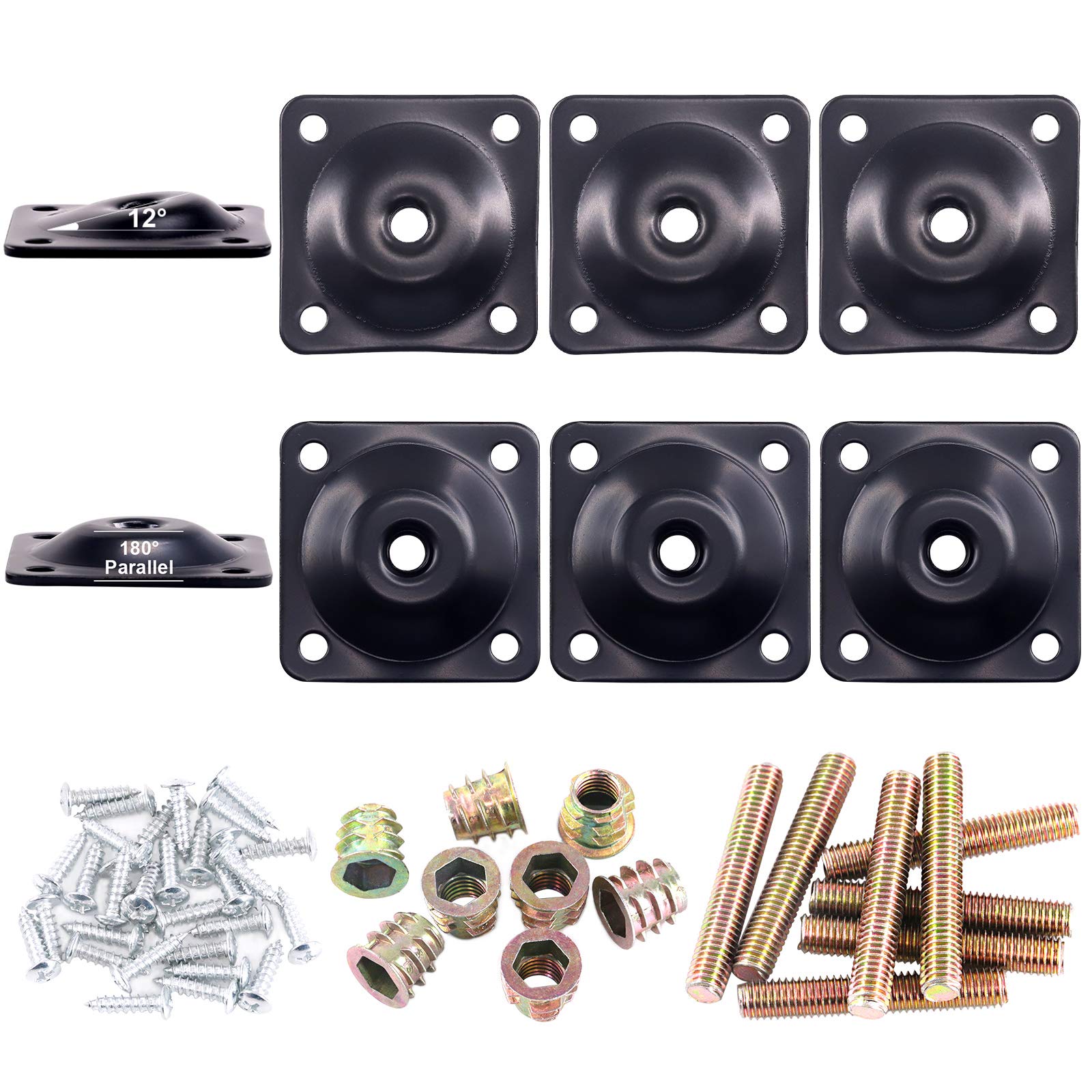 Glarks 8 Sets Black Flat Furniture Leg Mounting Plates Set, 4Pcs Flat and 4Pcs 12 Degree Leg Attachment Plates with 40pcs 5/16" Hanger Bolts Screws
