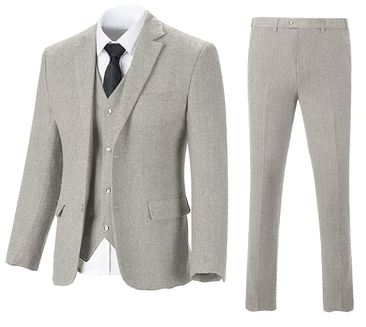 PyiuhsRetro Mens 3 Piece Suit Tweed Herringbone Slim Fit Suits Groomsmen Brown Tuxedos Set Prom Jacket Blazer Vest Pants for Men