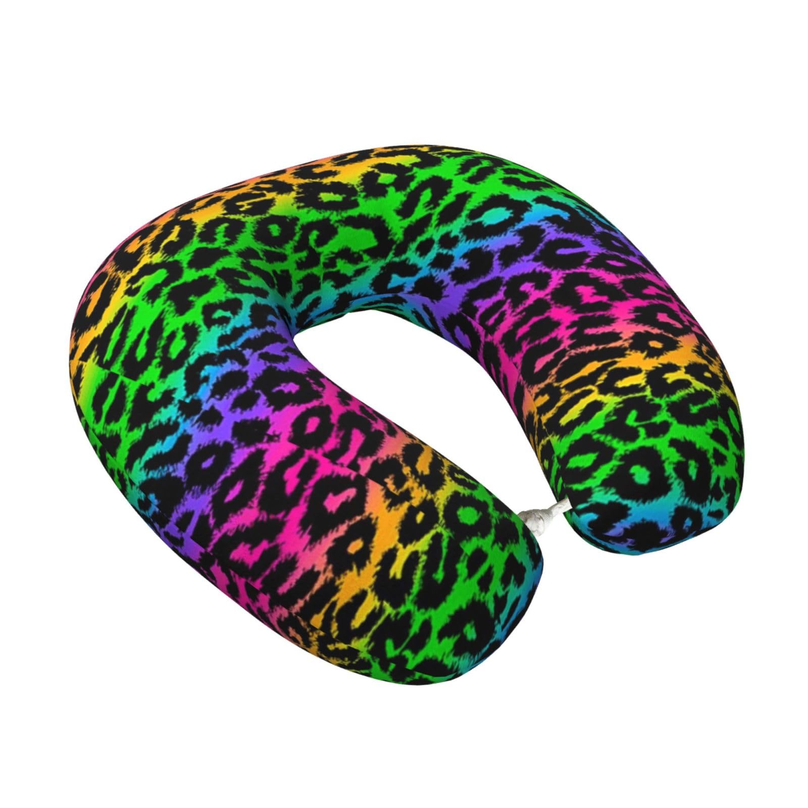 LKYMOH Rainbow Leopard Print, Travel Neck Pillow U-Shaped Memory Neck Support Soft Comfortable With Washable Cover For Airplane Car Traveling and Office