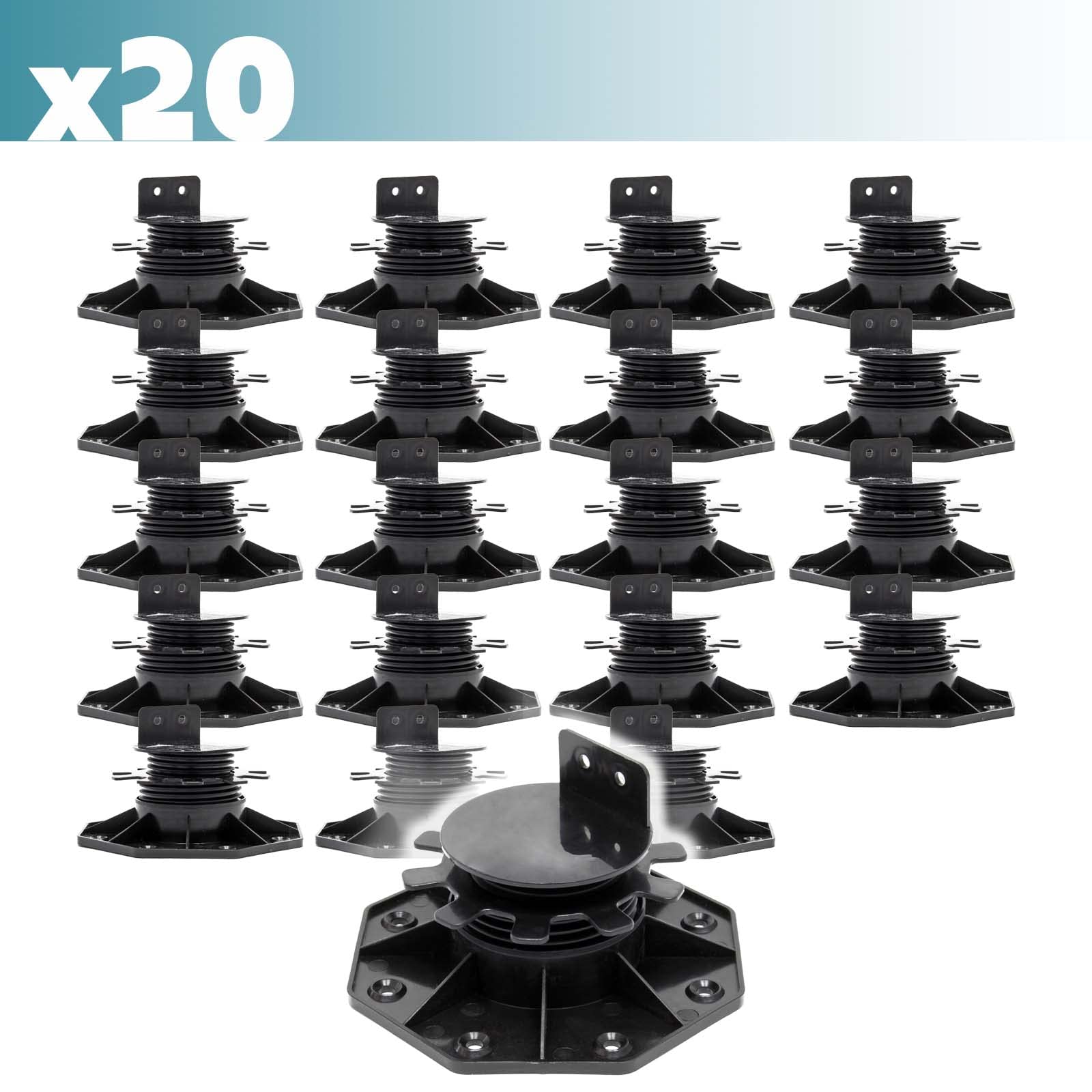 XPOtool Lot de 20x Plots de terrasse – Charge 2700 kg – Hauteur réglable 33-64 mm – en PP – Pieds de support pour Lames Dalles Lambourdes