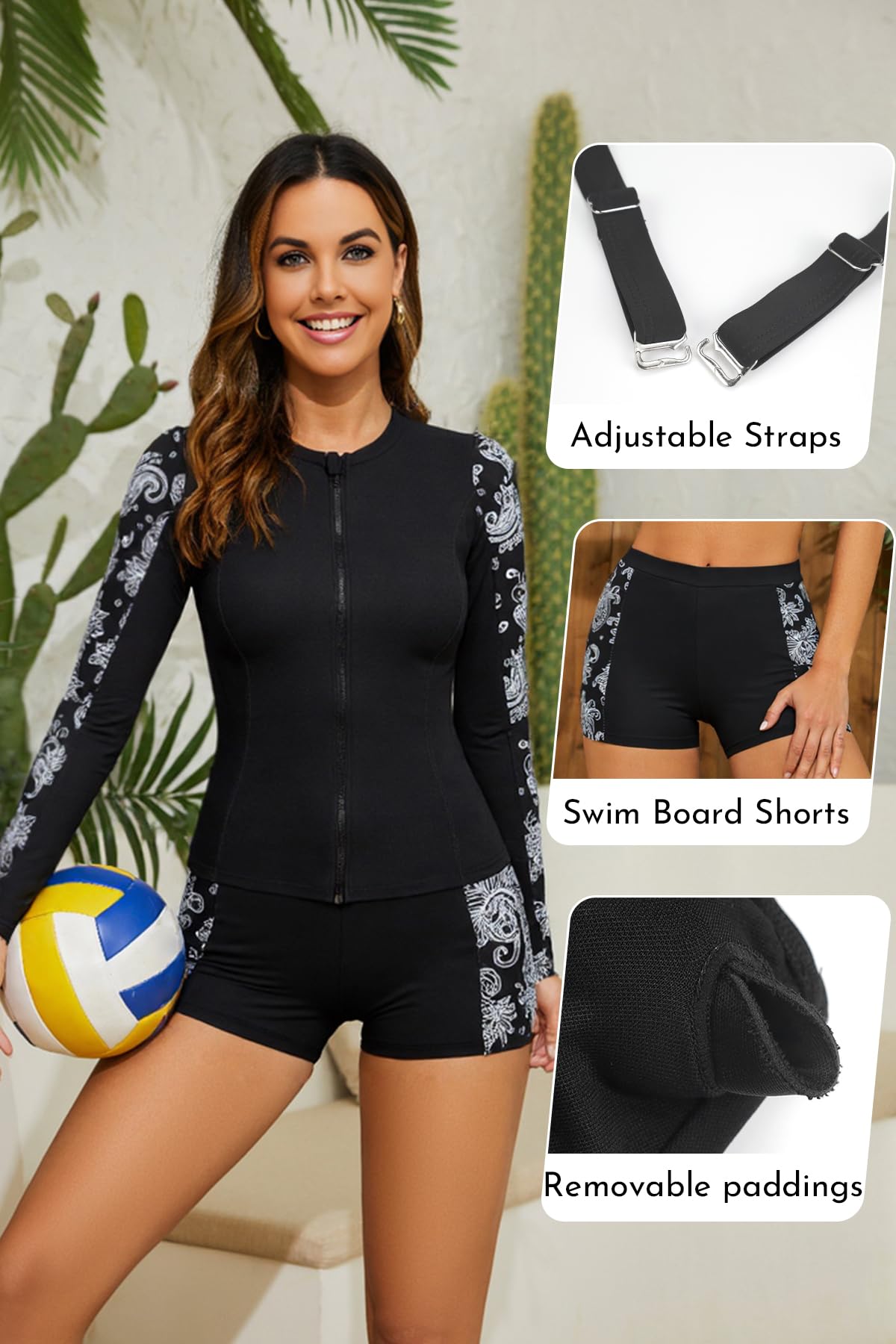 SHEKINI Conjunto de 3 piezas de protección contra erupciones para mujer, manga larga, cremallera, protección solar UV, traje de baño ajustado para playa, surf, traje de baño con pantalones cortos