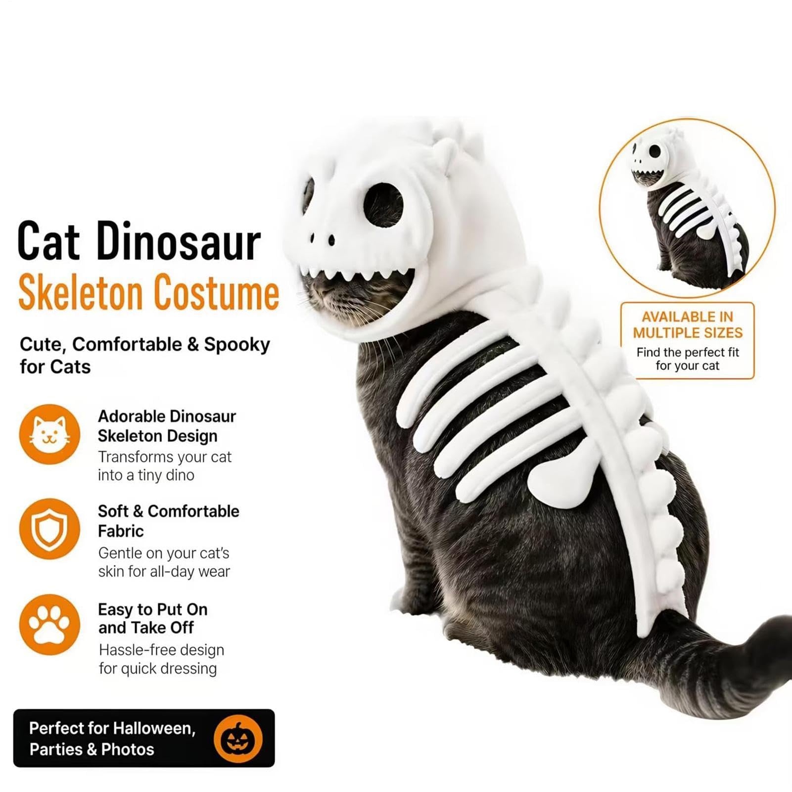 Costume da scheletro di dinosauro per gatto, costume luminoso per Halloween e cosplay | Costume di Halloween per carnevale, feste in maschera, palcoscenico, parco, dormitorio, cucciolo