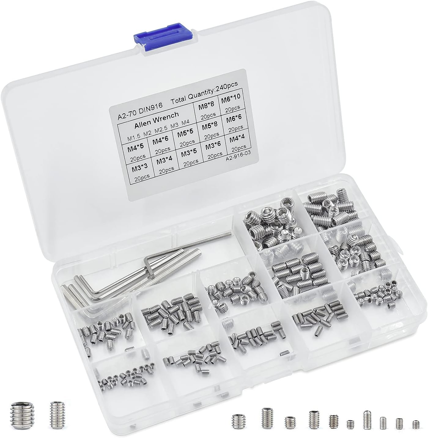 240 Pcs Grub Screws Set M3 M4 M5 M6 M8 Stainless Steel Hex Head Allen Screws Thread Socket Cup Point Screw Assortment Kits