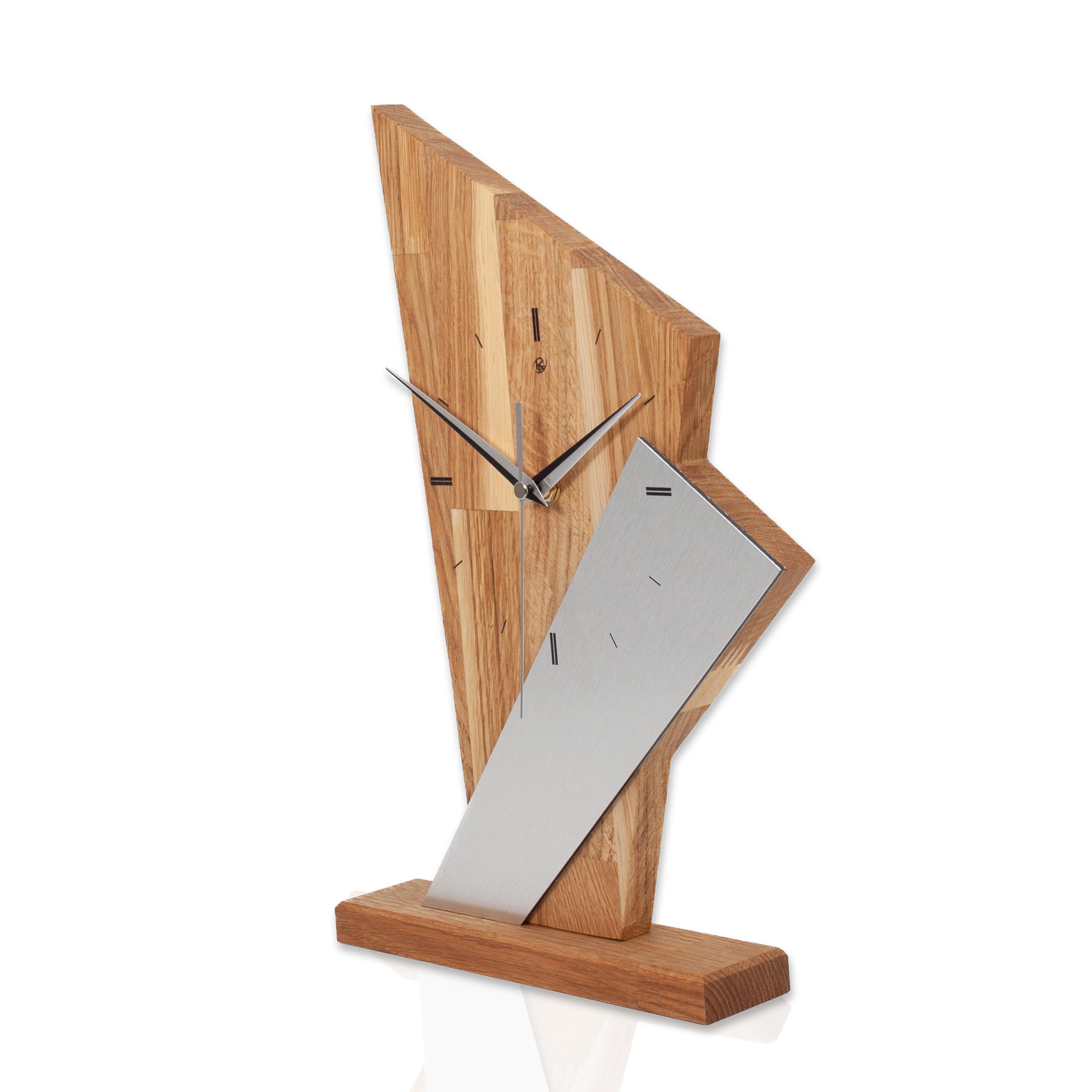 Kreative Feder Designer-Standuhr „Brown Square“ aus Massivholz – Tischuhr in modernem Metallic-Look ohne Ticken (leises Quarzuhrwerk, Eiche)