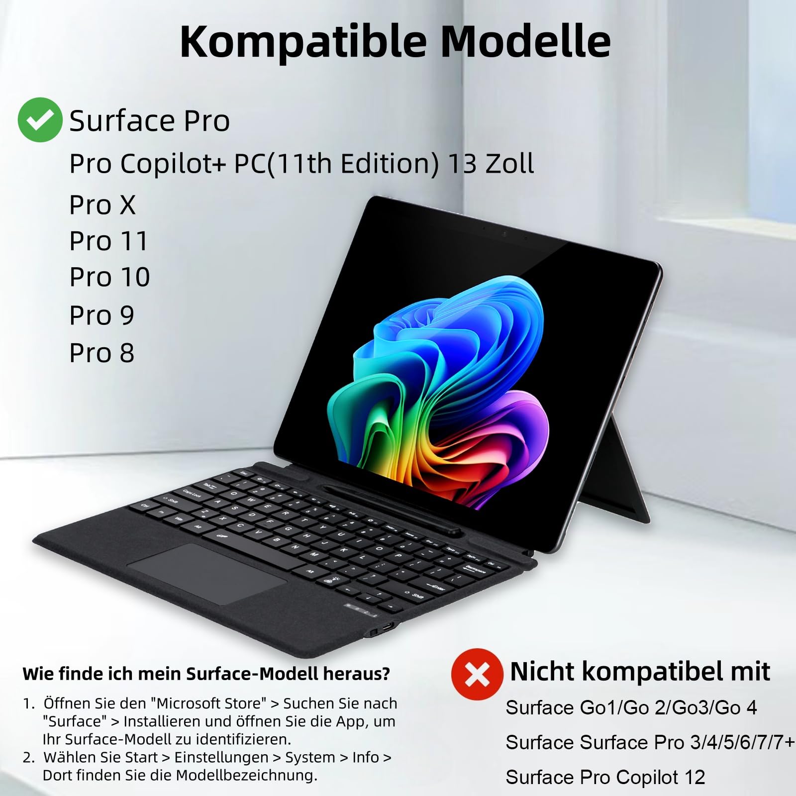 Deutsche QWERTZ Layout Tastatur für Microsoft Surface Pro 11/10 / 9/8 / X, 13 Zoll - Ultraflaches, beleuchtetes Bluetooth Type Cover mit Multi-Touchpad, aufladbar (Schwarz)