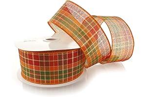 Wired Ribbon Fall Traditional Plaid Orange/Green 10 Yards. 2 1/2-inch