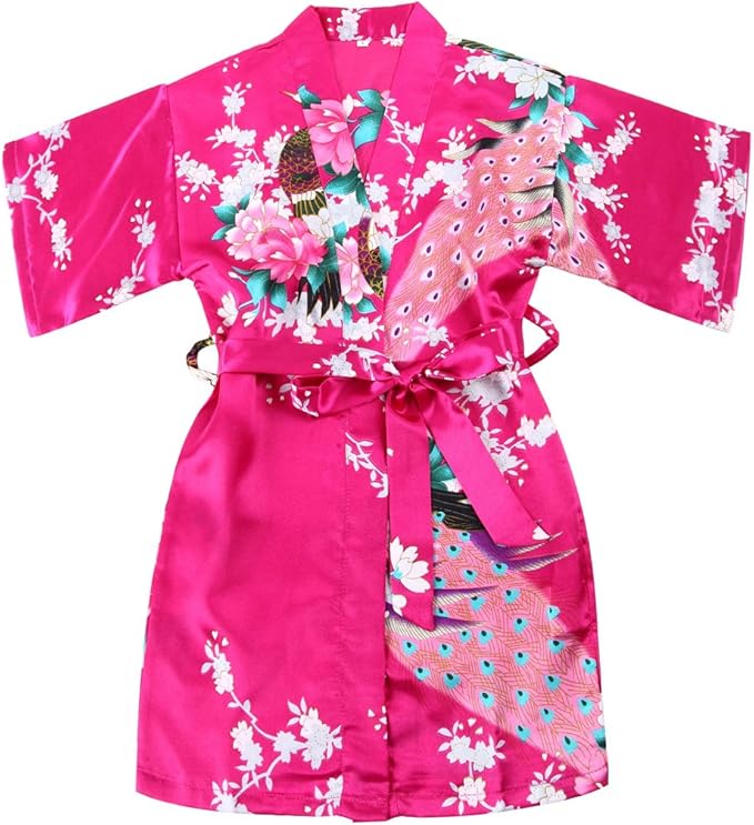 WONDERFIT Girls Stain Kimono Peacock Flower Robe for Spa