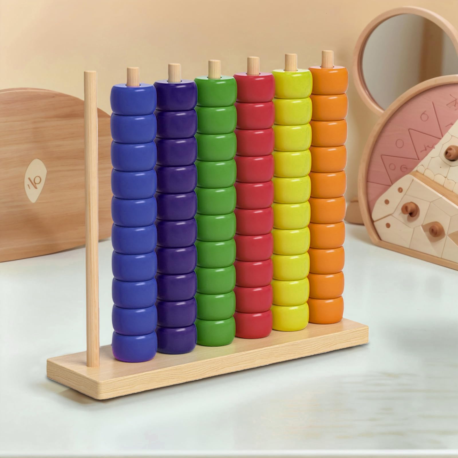 Holz Regenbogen-Ring-Stacking Puzzle Spiel mit Gestellen und Ringen for 2 Spieler Familienspiel Geschicklichkeitsspiel