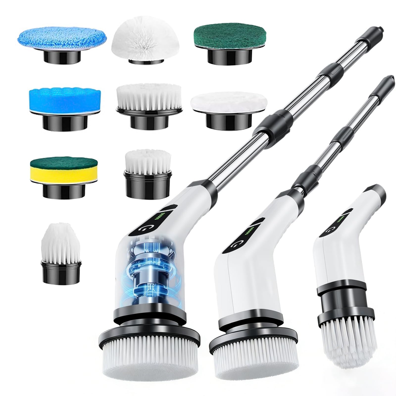 Cordless Electric Spin Scrubber, 9-in-1 Power Cleaning Brush with 9 Replaceable Heads, 100 Min Runtime, IPX7 Waterproof, Extendable Long Handle up to 1.3m for Bathroom Kitchen Tile Floor Car