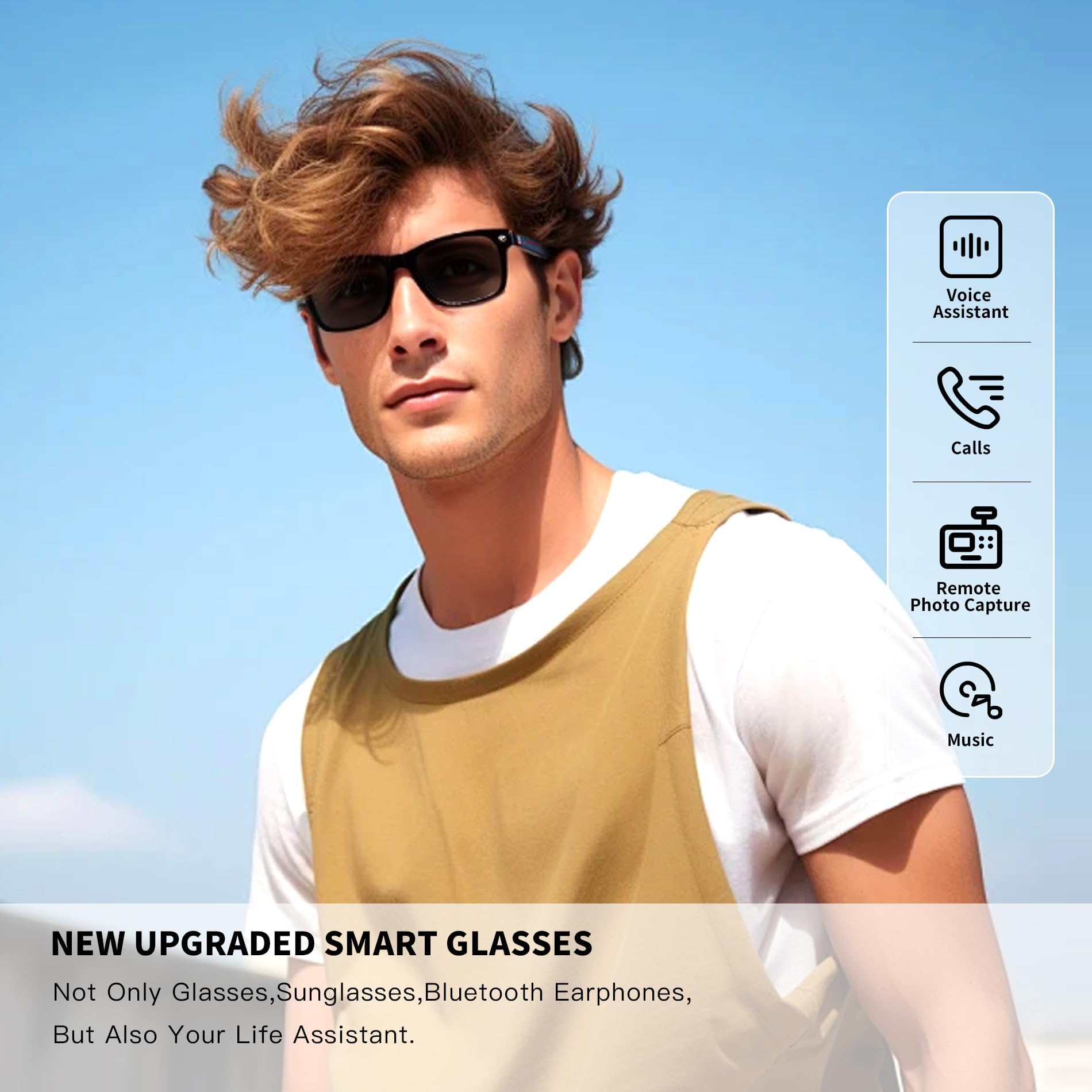 Lunettes intelligentes, lunettes de soleil Bluetooth, lunettes intelligentes améliorées pour homme/femme, haut-parleur ouvert, compatible avec assistant vocal, appels mains libres