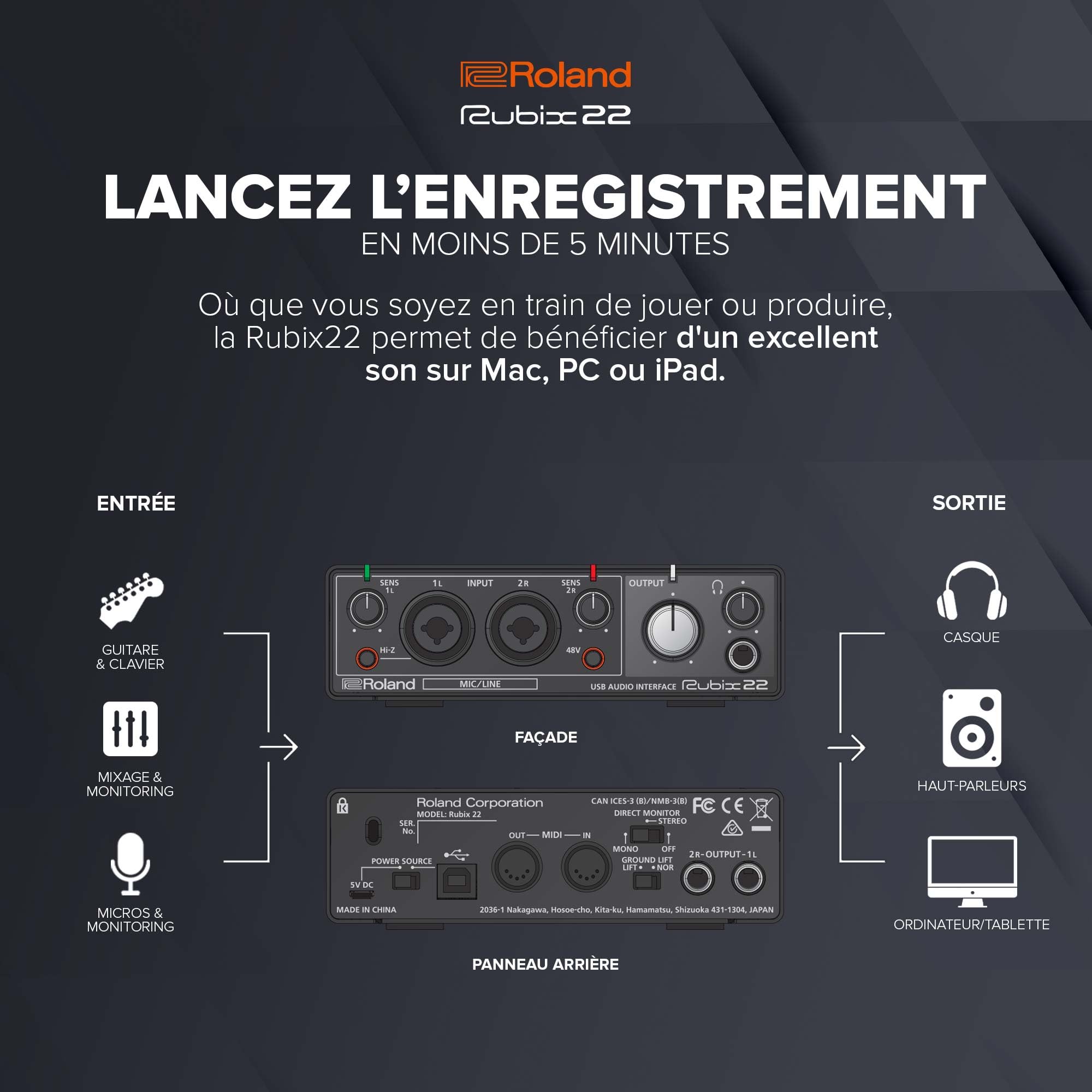 Interface audio USB Roland Rubix22 2 In-2 Out | Son haute résolution | Enregistrement de micros, guitares, claviers et autres | Compacte & robuste | Compatible Mac, PC & iPad