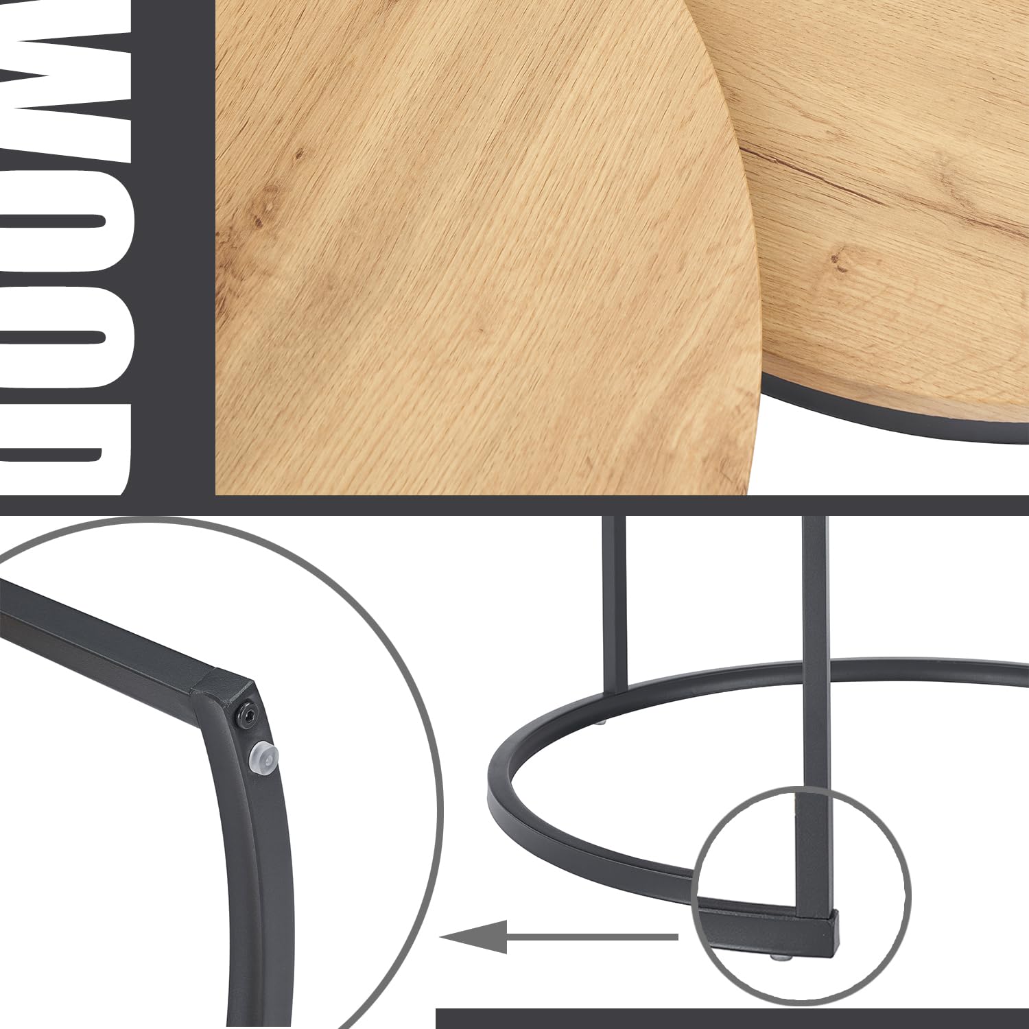 Juego de 2 Piezas para Mesa Auxiliar Sofa, Mesa Centro Madera con Marcos Negros, Mesa de Centro Redonda con Efectos de Grano de Madera, Mesas de Centro Pequeñas Modernas