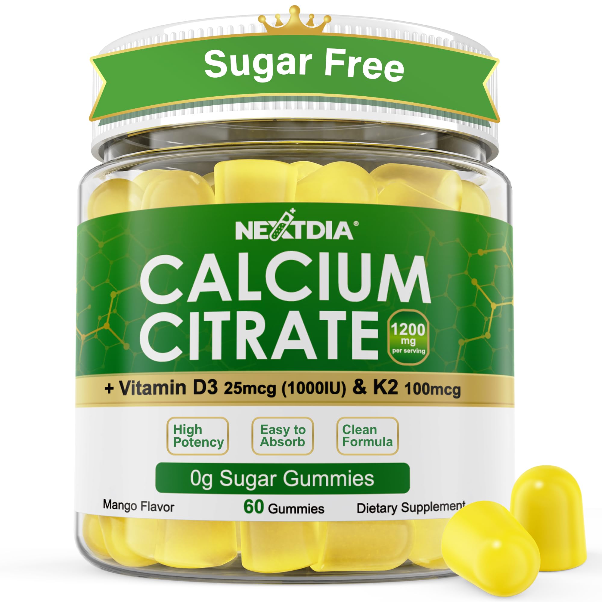 Calcium Citrate Gummies 1200mg with Vitamin D3 K2, Sugar Free, Vegan,60 Cts 60 Count (Pack of 1)