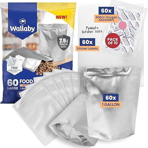 60 Wallaby - Paquete de bolsas de Mylar de 1 galón (7.5 mil - 10 x 14 pulgadas), bolsas con cremallera de pie, 60 absorbentes de oxígeno de 400 cc,