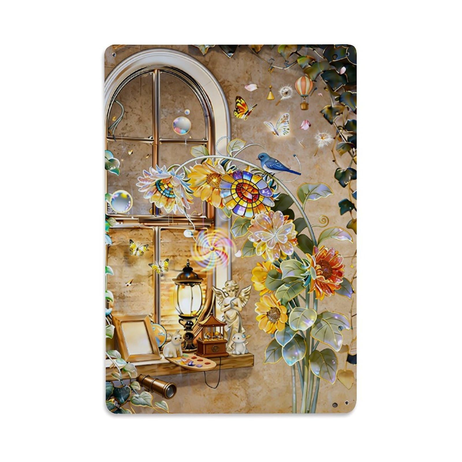 Jdfenggu Vintage Stained Glass Flowers And Birds Retro Metal Tin Sign, Metal Poster For Bar, Home, Man Cave, Kitchen, Laundry Room Art Decor 8X12 Inch