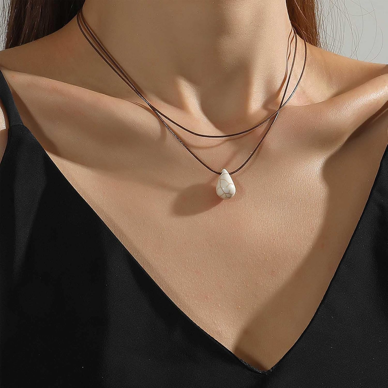 YienDoo Layered Turquoise Necklace Vintage Black Leather Rope Necklace Chain Boho White Water Drop Turquoise Pendant Necklace Layered Stacked Bohemian Necklace Jewelry for Women - Image 2