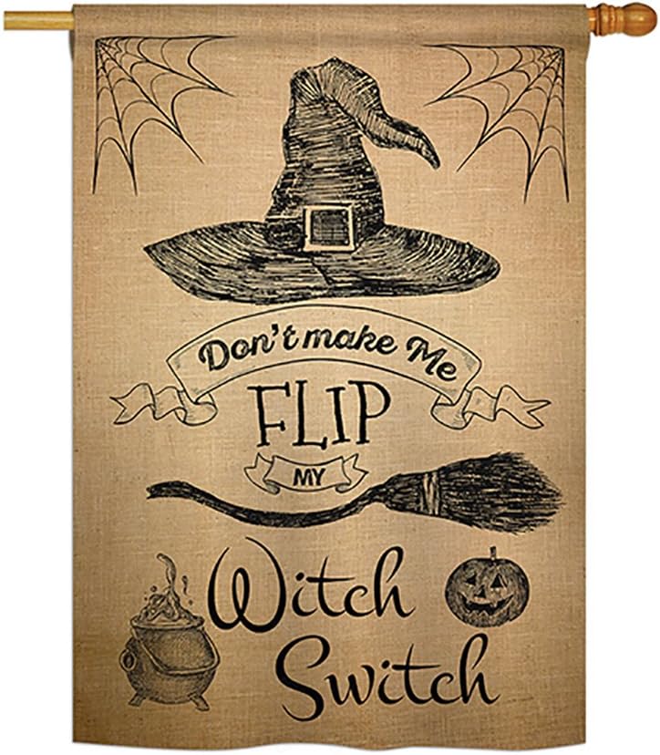 Flip my Witch Switch House Flag Falltime Halloween Trick or Treat Spooky Night Black Cat Season Autumntime Pumpkin Small Decorative Gift Yard Banner Made In USA 28 X 40