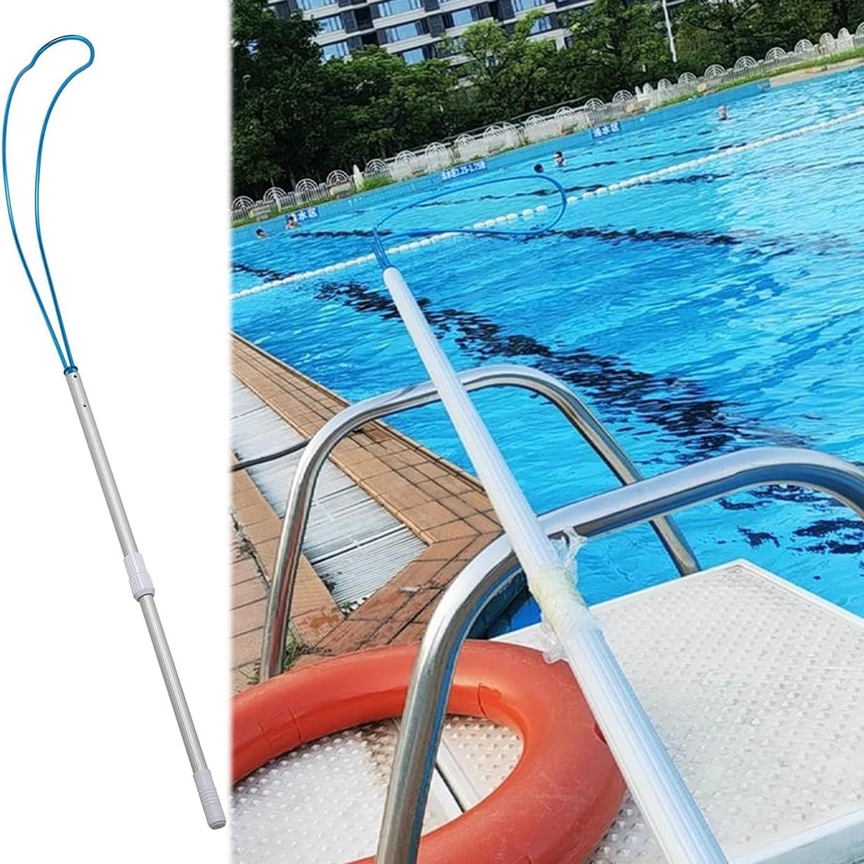 Gancho de rescate para piscinas con mástil telescópico extensible de aluminio