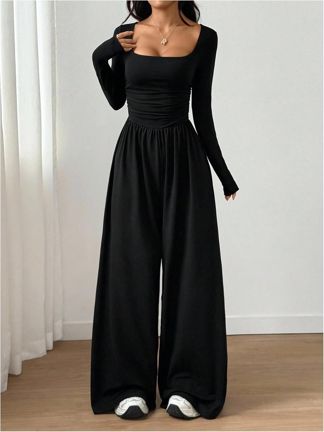 Floerns Women's Casual Long Sleeve Square Neck Wide Leg Jumpsuit Going Out One Piece Romper Overalls Fall Outfit - Image 4