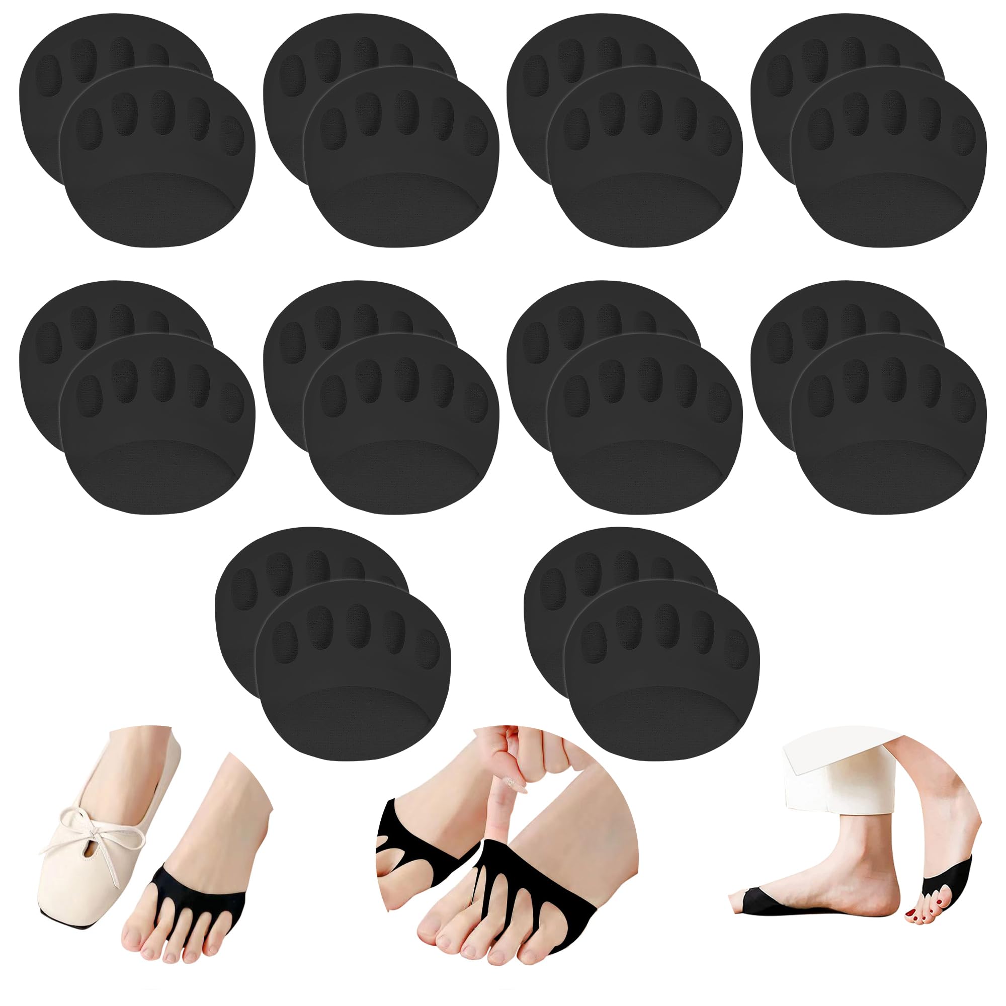 SooGree Ball of Foot Cushions Honeycomb Fabric Metatarsal Pads Invisible Socks Pads for Women and Men Reusable Forefoot Pads (10 Pairs-Black)