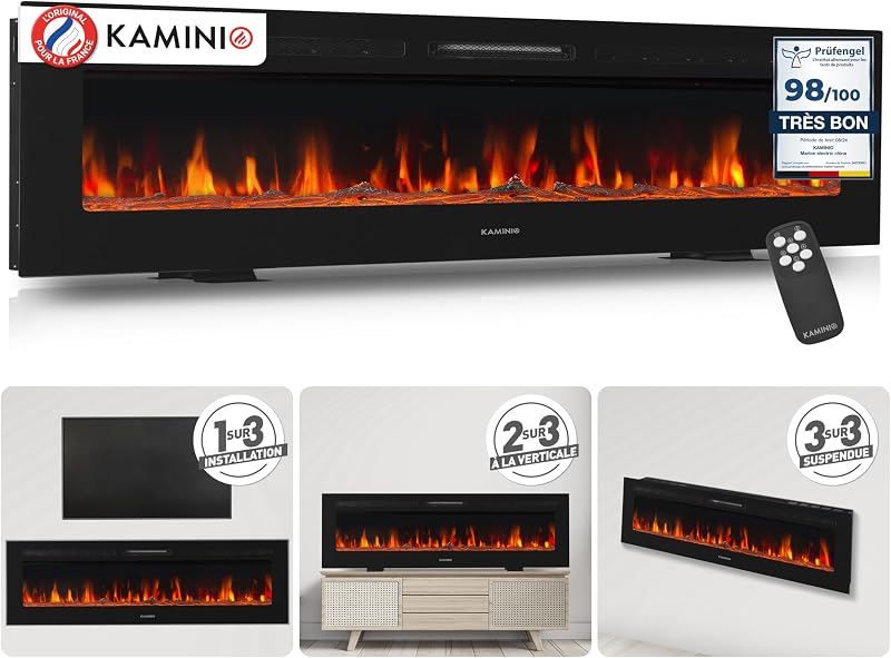 KAMINIO Cheminée Electrique Marlon - Cheminée Électrique 3-en-1 avec Chauffage, Effet de Flamme 3D, 12 Couleurs de Flammes, télécommande (70 Pouces)