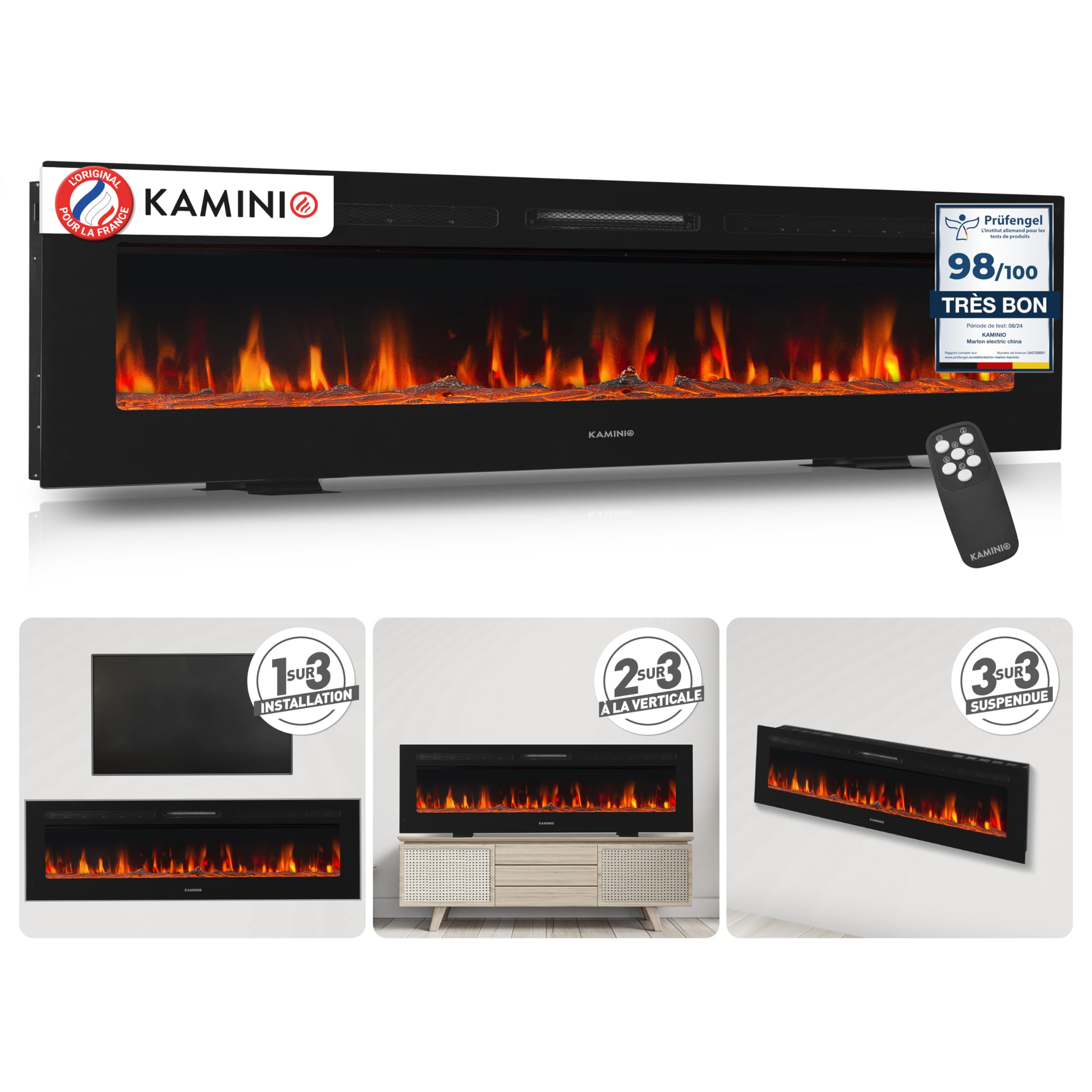 KAMINIO Cheminée Electrique Marlon - Cheminée Électrique 3-en-1 avec Chauffage, Effet de Flamme 3D, 12 Couleurs de Flammes, télécommande (70 Pouces) - 1