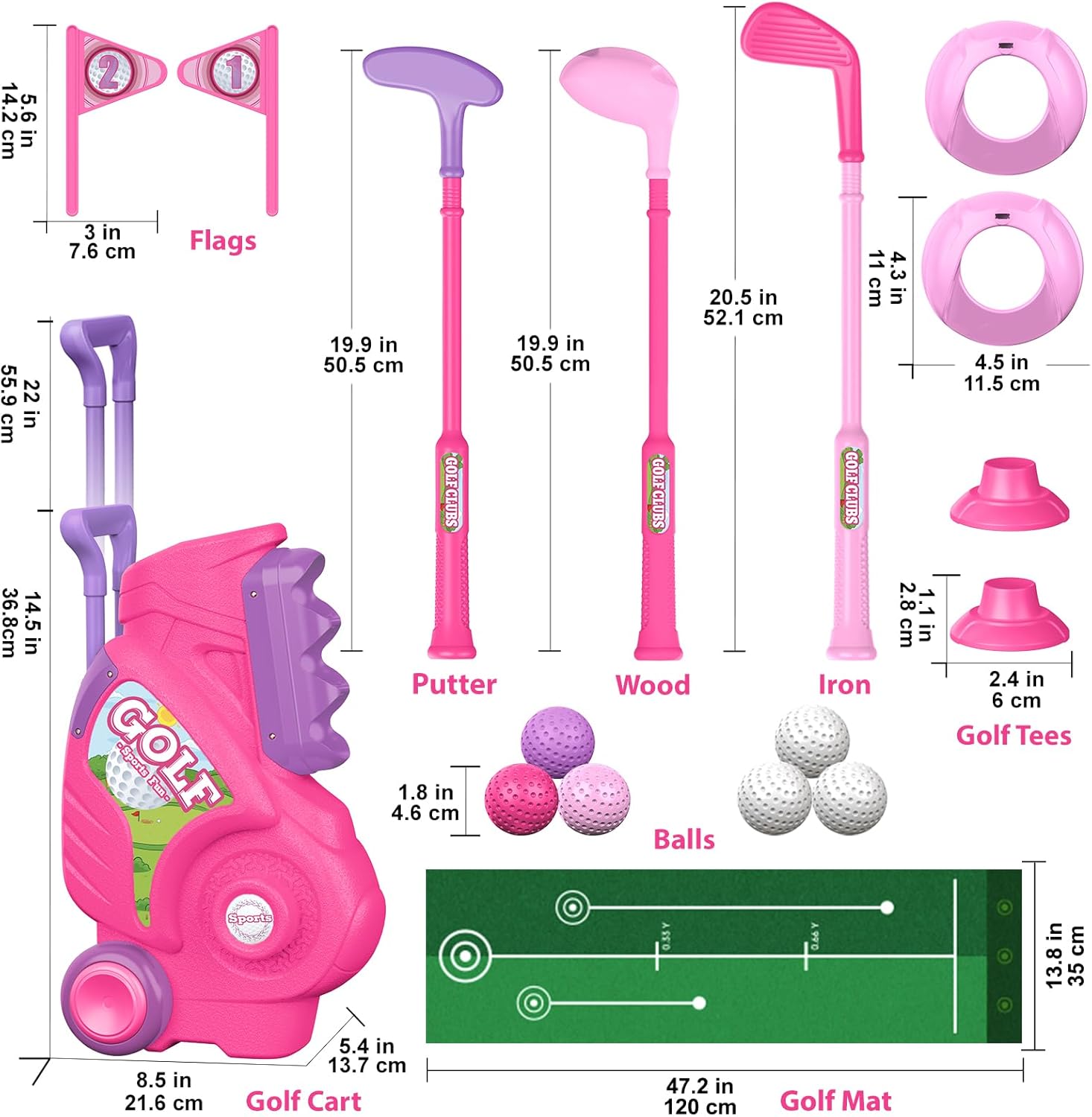 Liberry Toddler Golf Set for 2 3 4 Years Old Girls Boys, Upgraded Kids Golf Clubs Set with Golf Cart, Putting Mat, Outdoor Indoor Sports Toy Birthday Gift, Pink - Image 6
