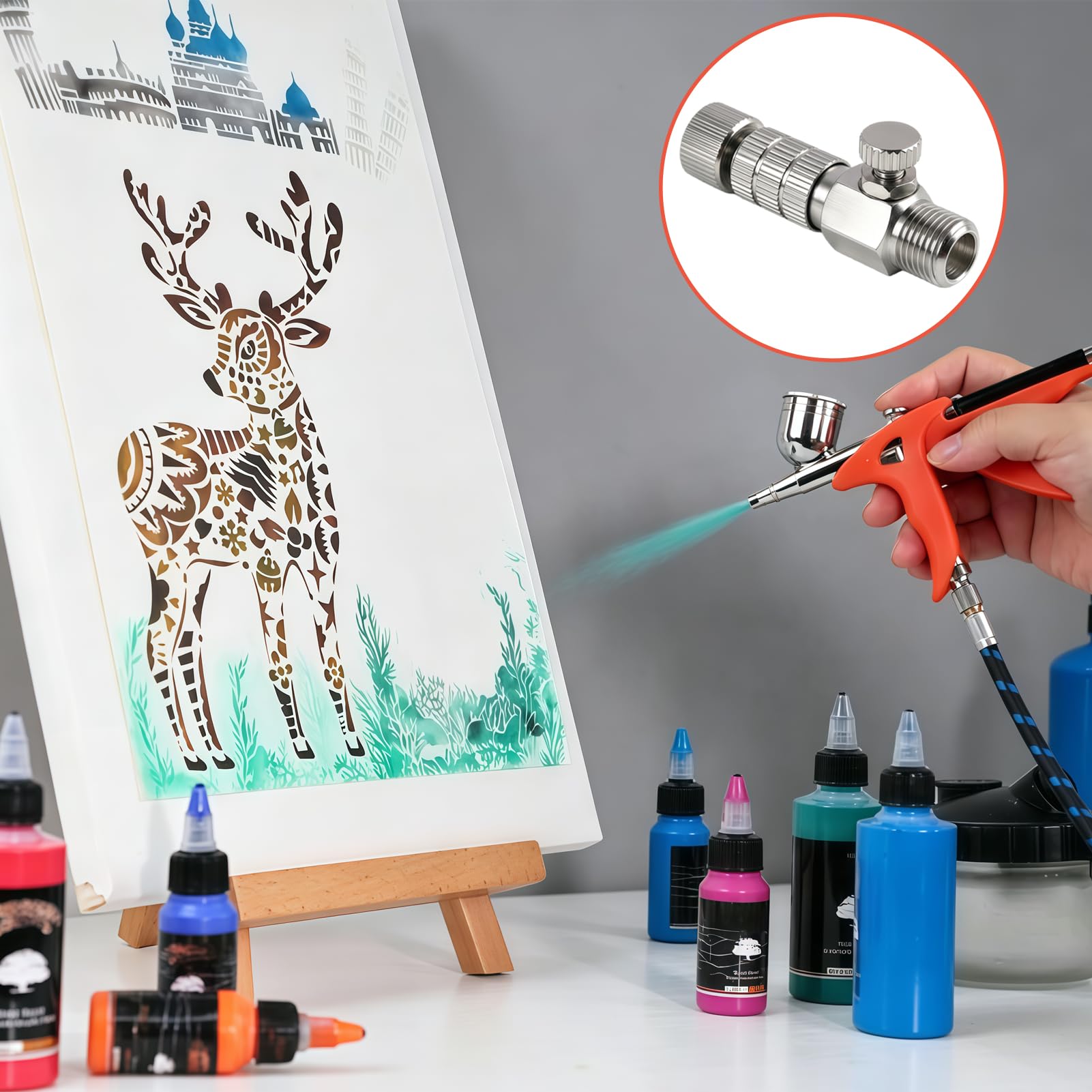 Adapter do aerografu z regulacją przepływu powietrza, szybkozłącze do pistoletu natryskowego 1/8", natychmiastowe odłączanie węża ze zintegrowaną kontrolą ciśnienia