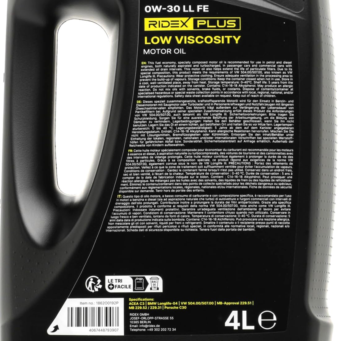 RIDEX PLUS Low Viscosity 0W-30 LL FE Motoröl, Vollsynthetiköl Motorenöl ACEA C3, 4L