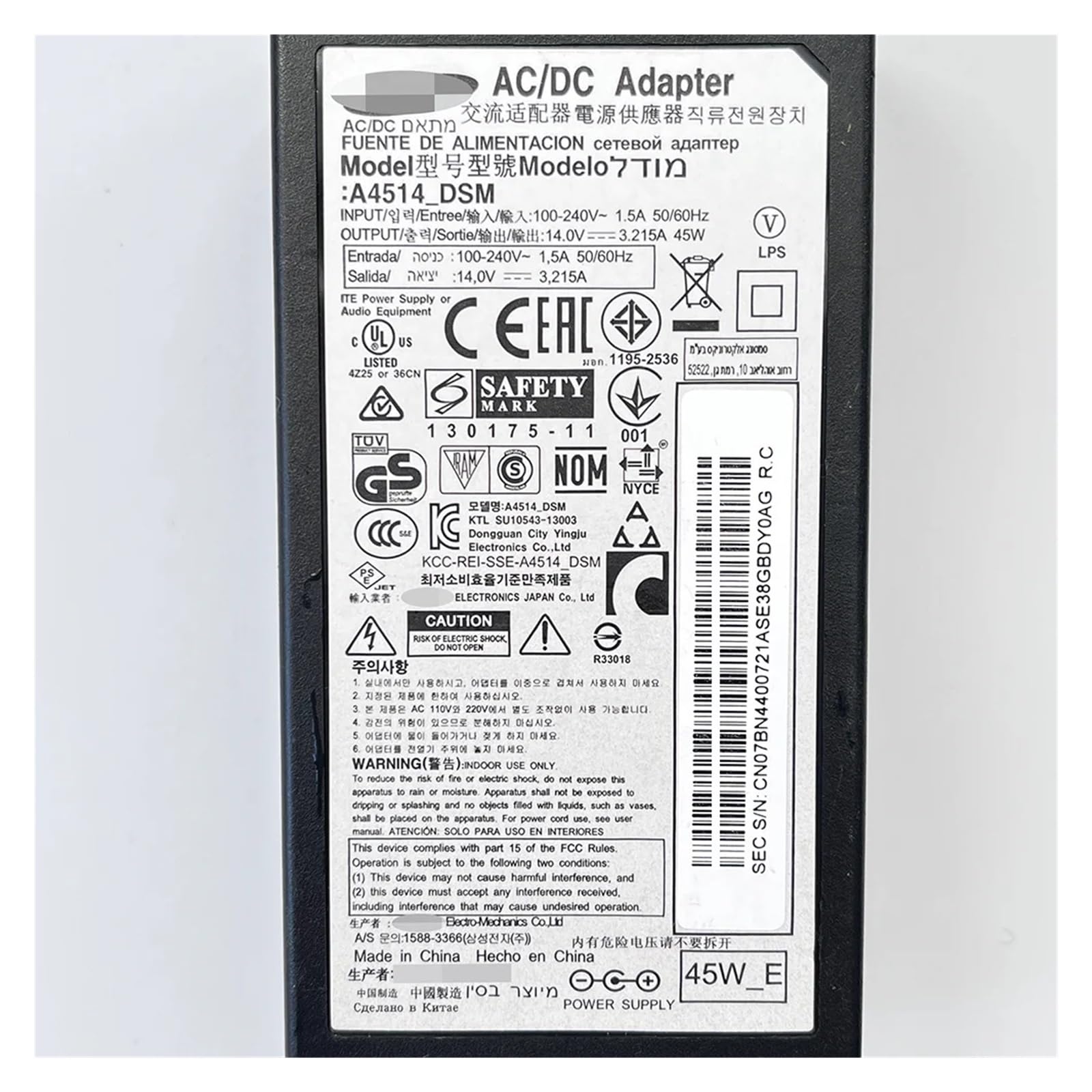 Caricabatterie Adattatore CA/CC for Monitor TV Line BN44-00721A A4514_DSM 14 V 3.215 A 45 W È for T27D390E U28E570D U28E590D S27E591C Assemblaggio Cavi