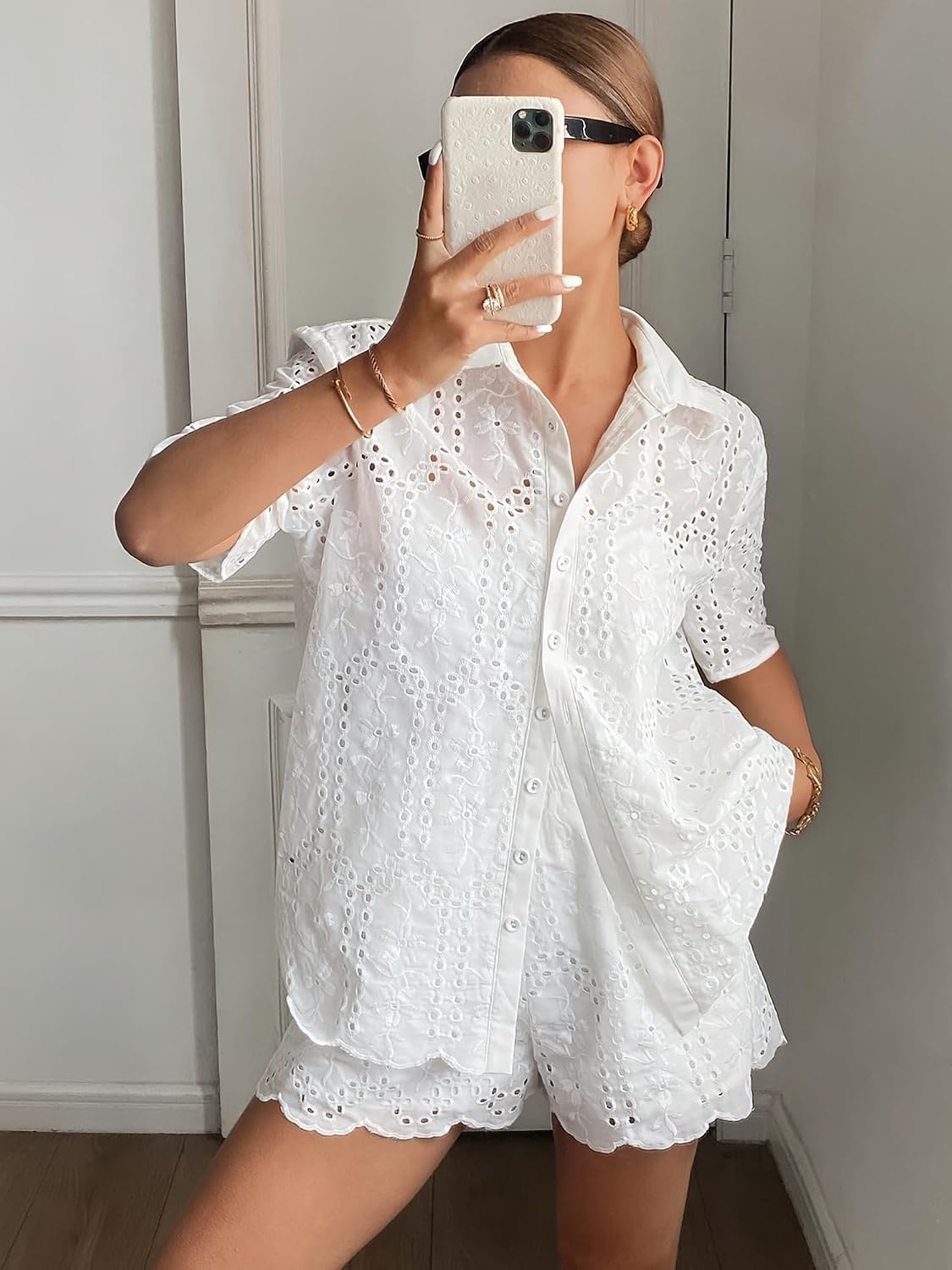 Womens 2 Piece Sets Short Sleeve Floral Embroidered Cutwork Shirt Shorts All White Outfits Beach Vacation Clothes