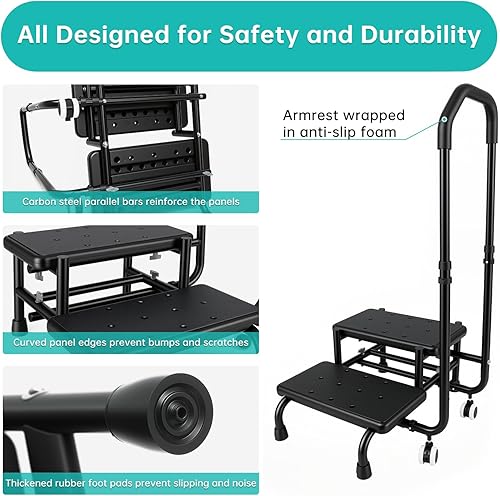 Miniatura 4 de Taburete de 2 escalones con pasamanos y 2 ruedas para ancianos, escalones de cama para camas altas para adultos, plataforma antideslizante y