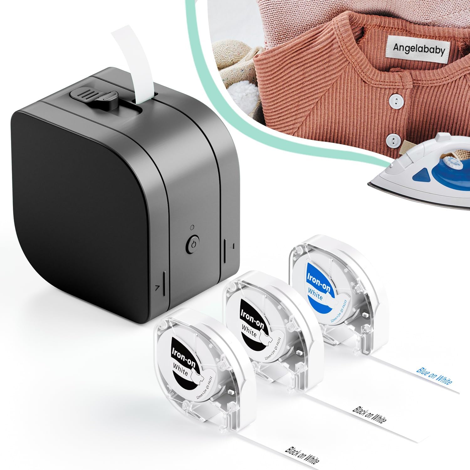 Phomemo Label Maker, Mini Label Maker Machine with Tape for Smartphone, Label Maker with Iron on Name Labels for Clothing, Fabric Labels P12 Label Tape 12mm 0.47 Name Labels for Kids School